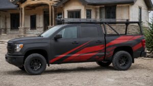Black contractor pickup truck with a red stripe wrap parked at a home renovation job site