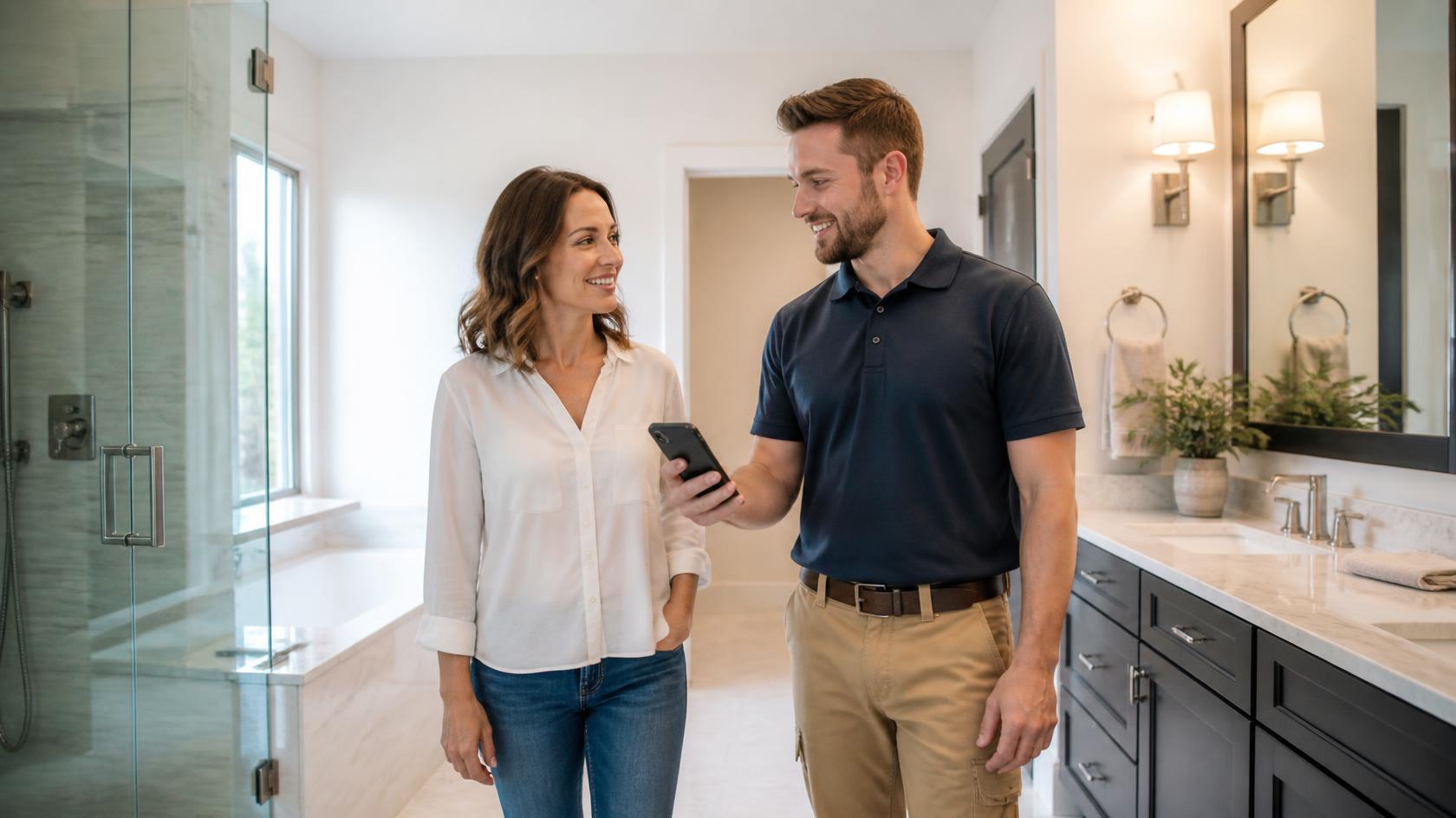 Contractor asking a happy homeowner for a Google review during the final walk-through of a remodeled bathroom
