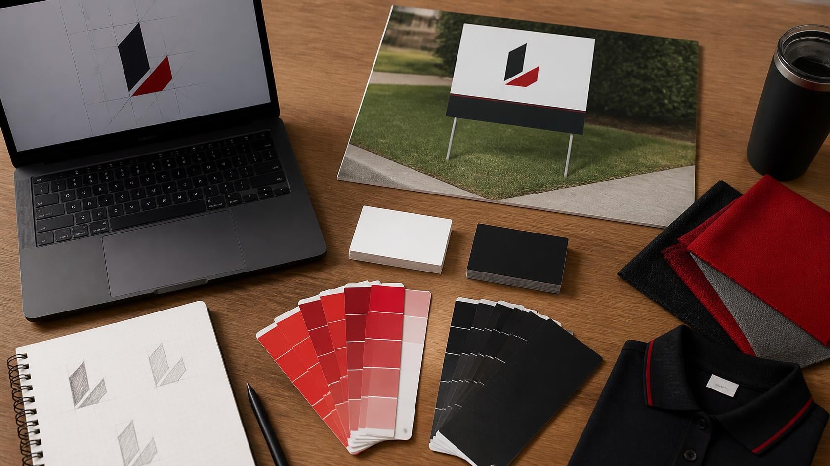 Contractor brand kit with red and black color swatches, business cards, a yard sign mockup and uniform fabric samples