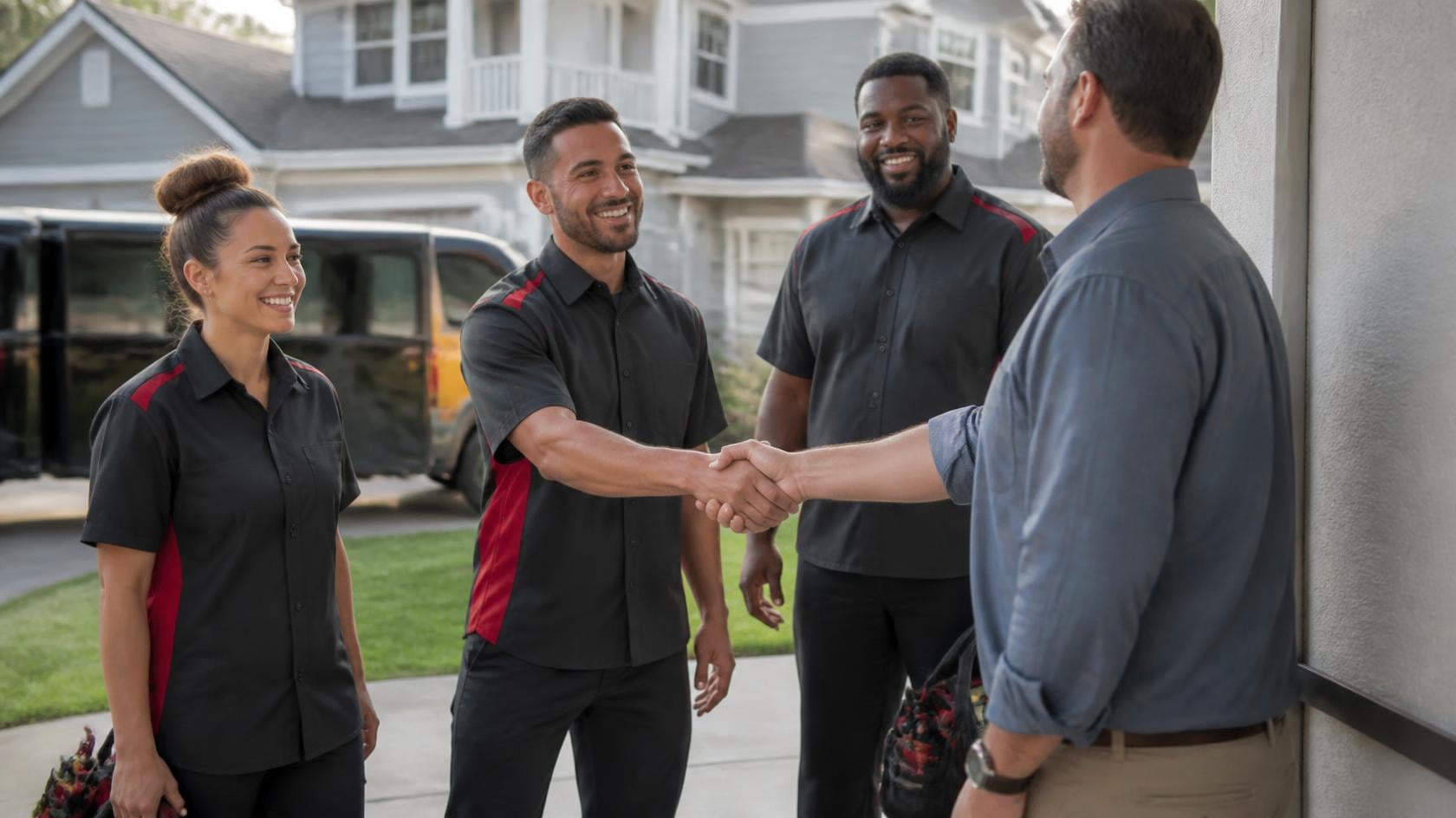 Contractor crew in matching charcoal and red branded uniforms greeting a homeowner in the driveway