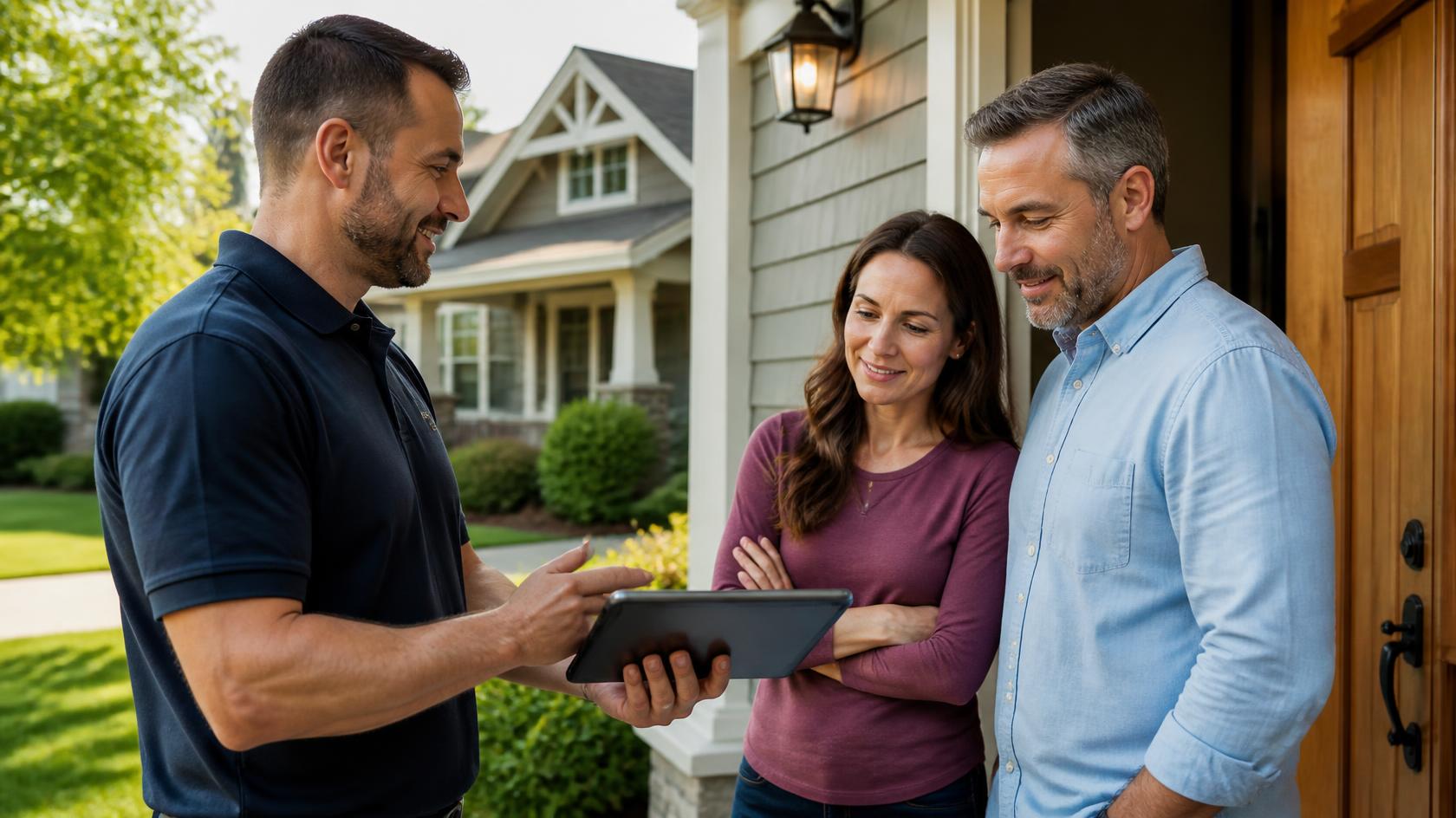 Contractor estimator showing a project estimate on a tablet to a homeowner couple at their front door