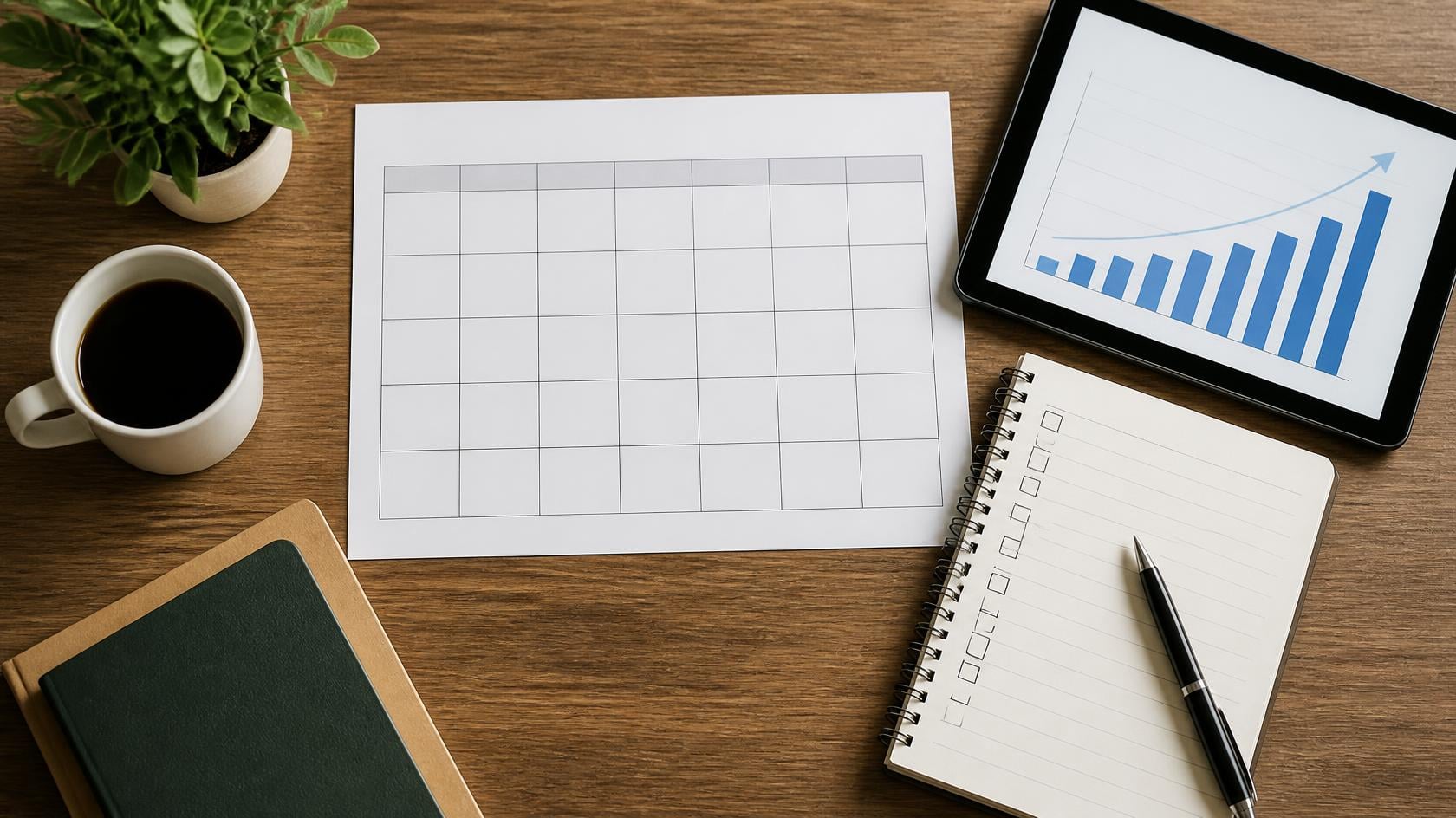 Desk with a monthly calendar and a tablet showing a rising chart, planning a 12-month local SEO timeline