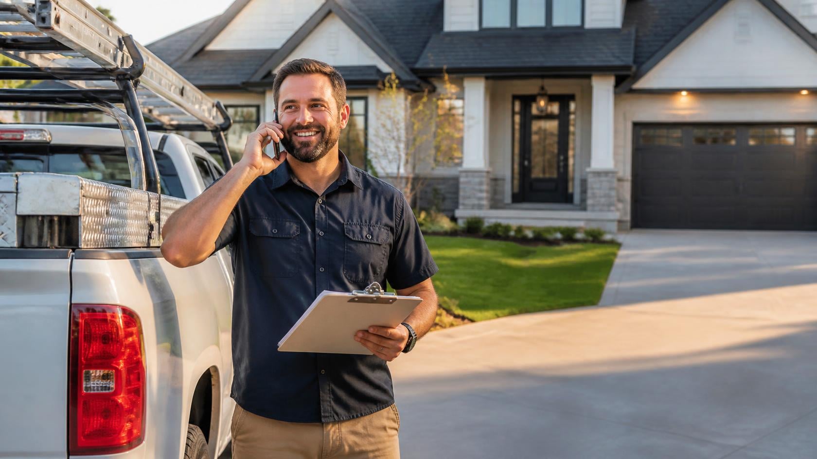 Home improvement contractor taking an inbound lead call next to his work truck