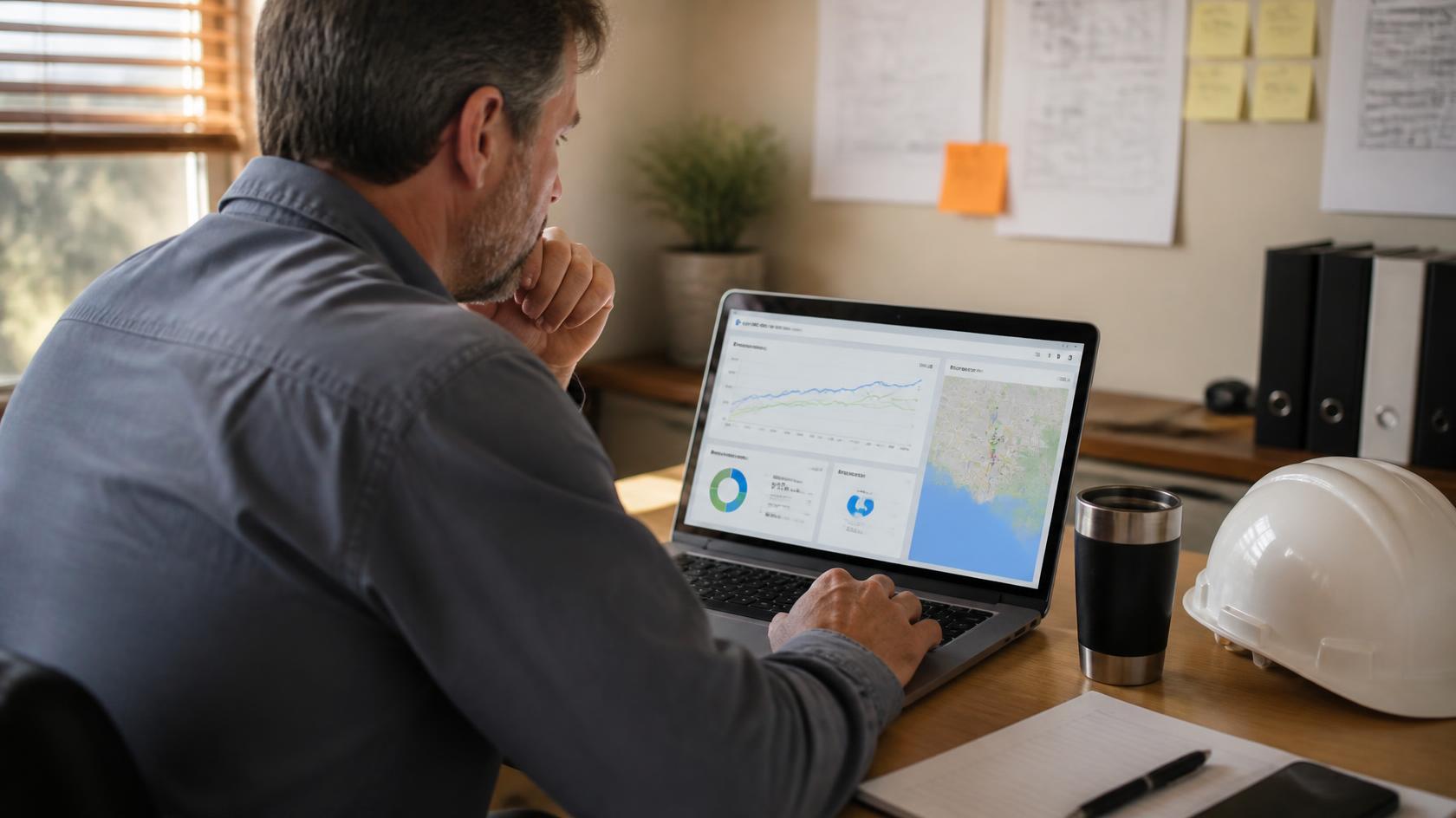 Contractor reviewing a local SEO reporting dashboard with call and lead charts on a laptop