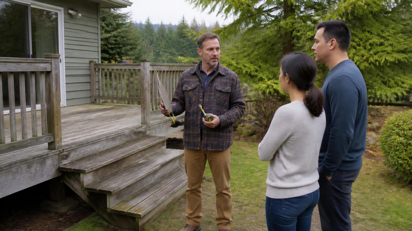 Deck contractor meeting a homeowner couple beside their weathered wood deck for an in-person replacement estimate