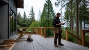 Deck builder reviewing project photos on a tablet while standing on a finished deck with cable railing behind a Pacific Northwest home