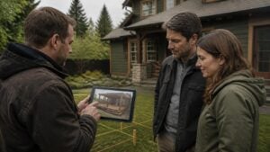 Deck builder showing a homeowner couple a 3D deck design on a tablet in a backyard staked out for a new deck