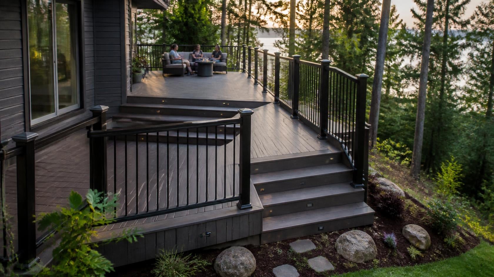 Finished multi-level composite deck with black aluminum railing and wide steps on a sloped backyard lined with fir trees