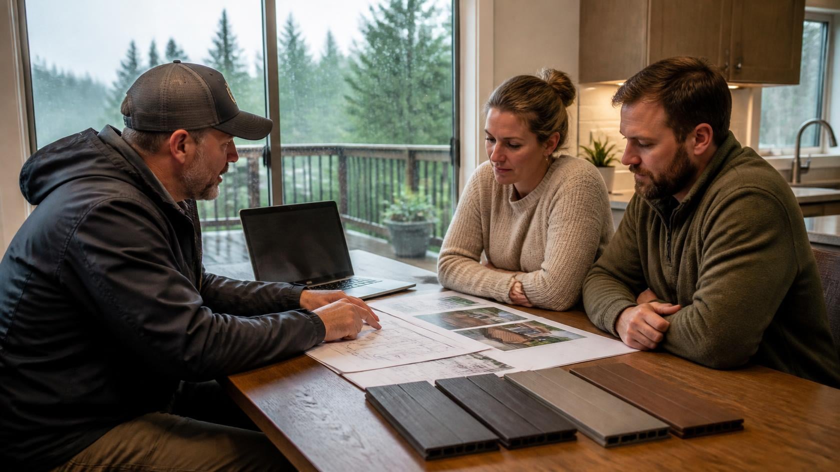 Deck contractor reviewing printed deck plans and composite decking samples with a homeowner couple at their kitchen table