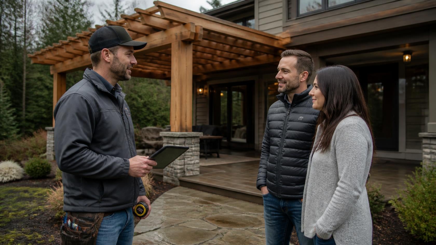 Contractor with a tablet meeting a homeowner couple for a booked estimate in front of their craftsman home with a new cedar patio cover