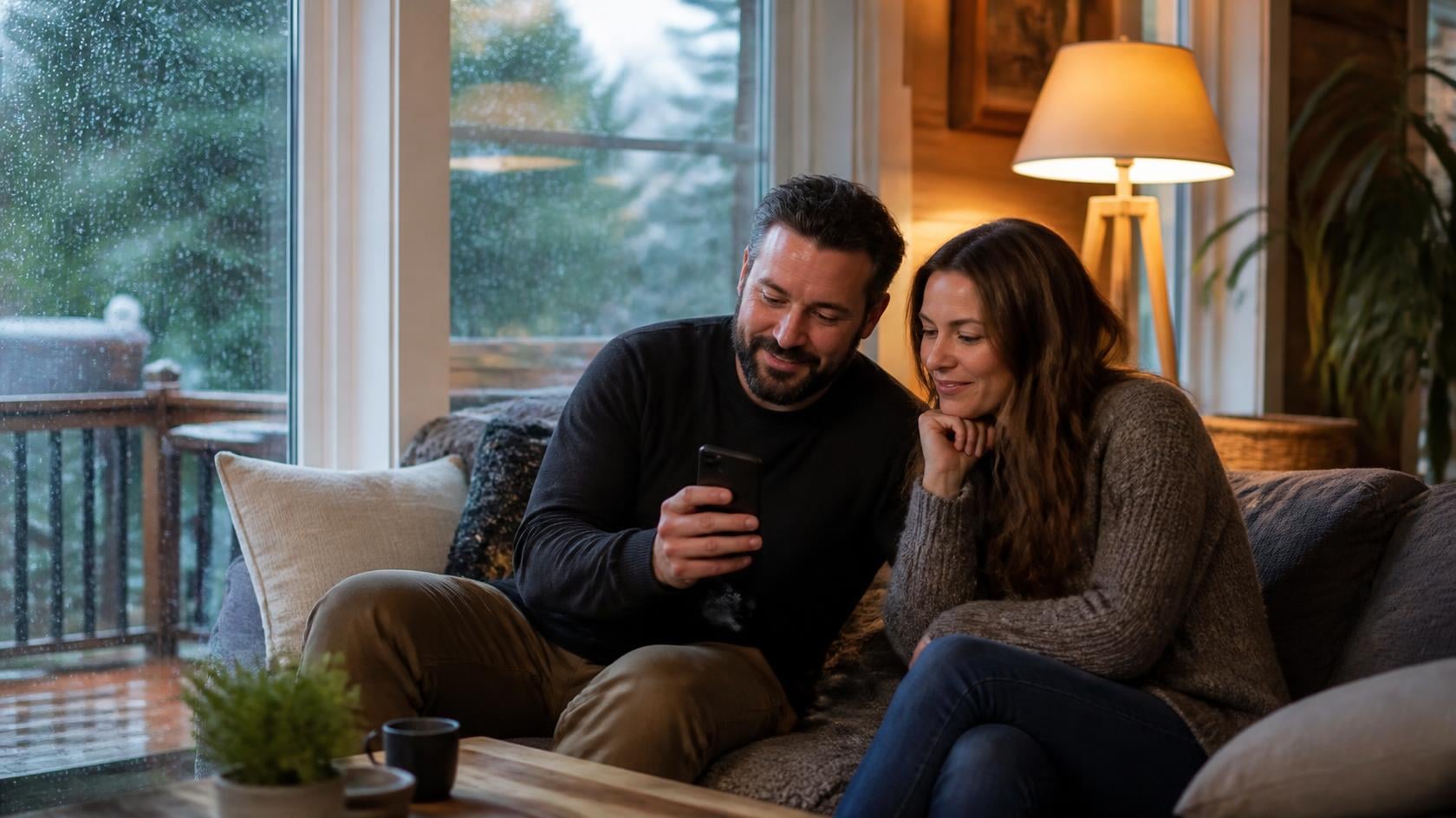 Homeowner couple on their living room sofa scrolling a phone together, looking at contractor project photos on a rainy evening