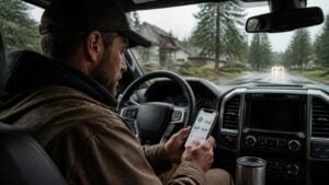 Home improvement contractor checking Facebook ad campaign results on his phone from his pickup truck on a rainy Pacific Northwest street