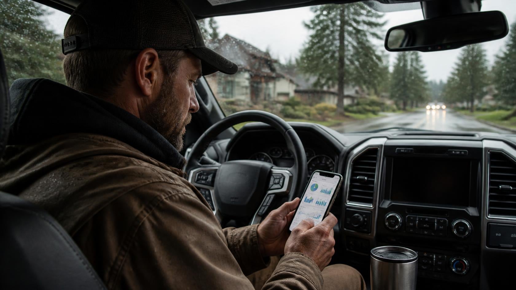 Home improvement contractor checking Facebook ad campaign results on his phone from his pickup truck on a rainy Pacific Northwest street
