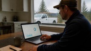 Home improvement contractor reviewing a Google Ads campaign dashboard on a laptop at his kitchen table, work truck outside