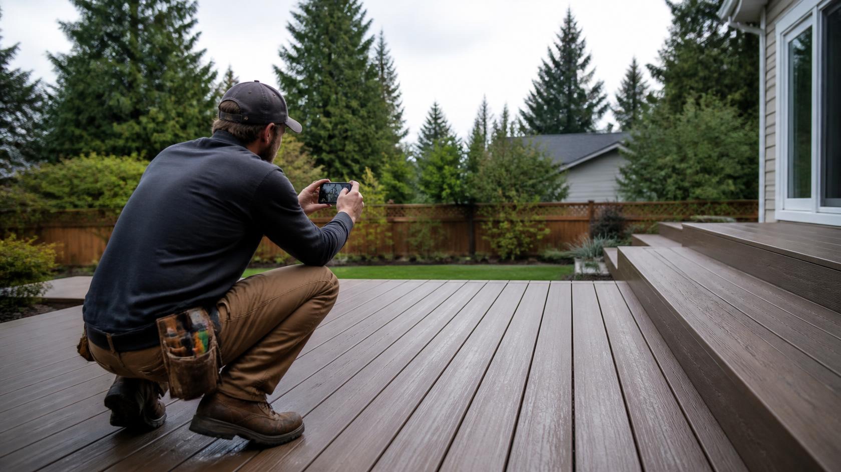 Deck builder photographing a finished composite deck with his phone for his Google Business Profile in a Pacific Northwest backyard
