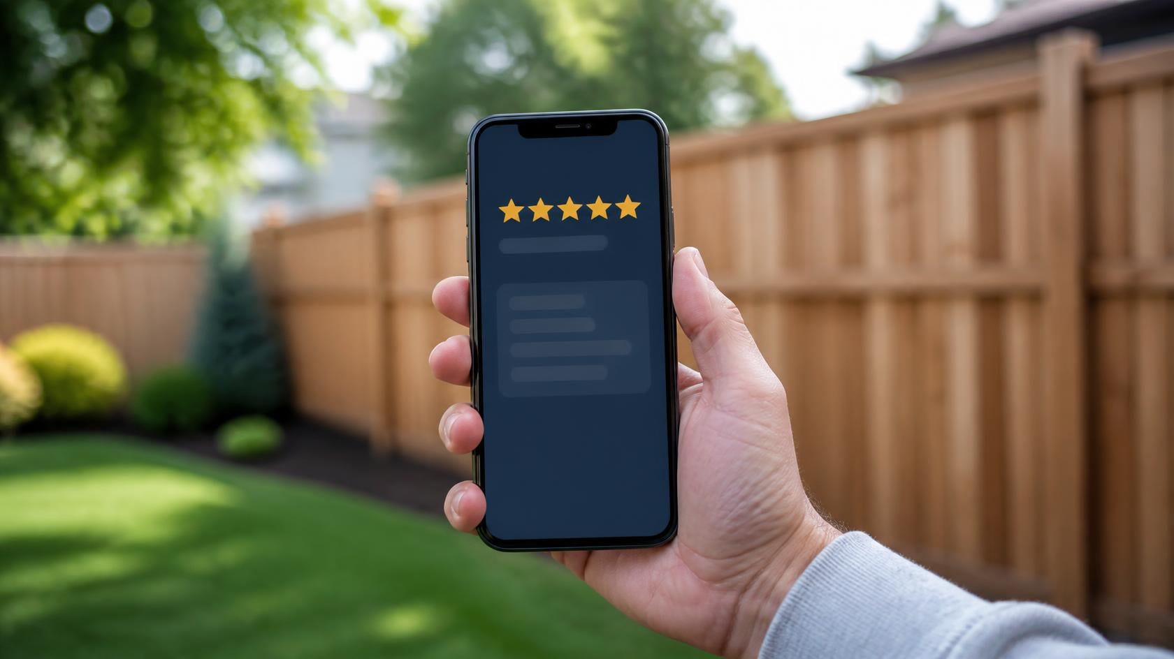 Homeowner holding a phone showing a five-star review in front of a newly installed wood fence