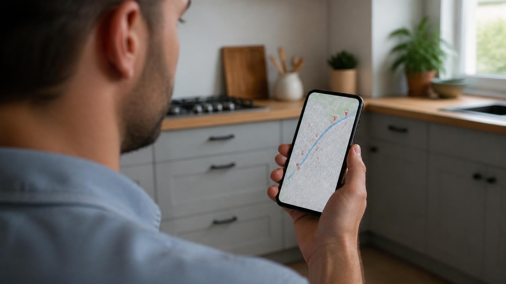 Homeowner in his kitchen checking a map of local contractors on his smartphone