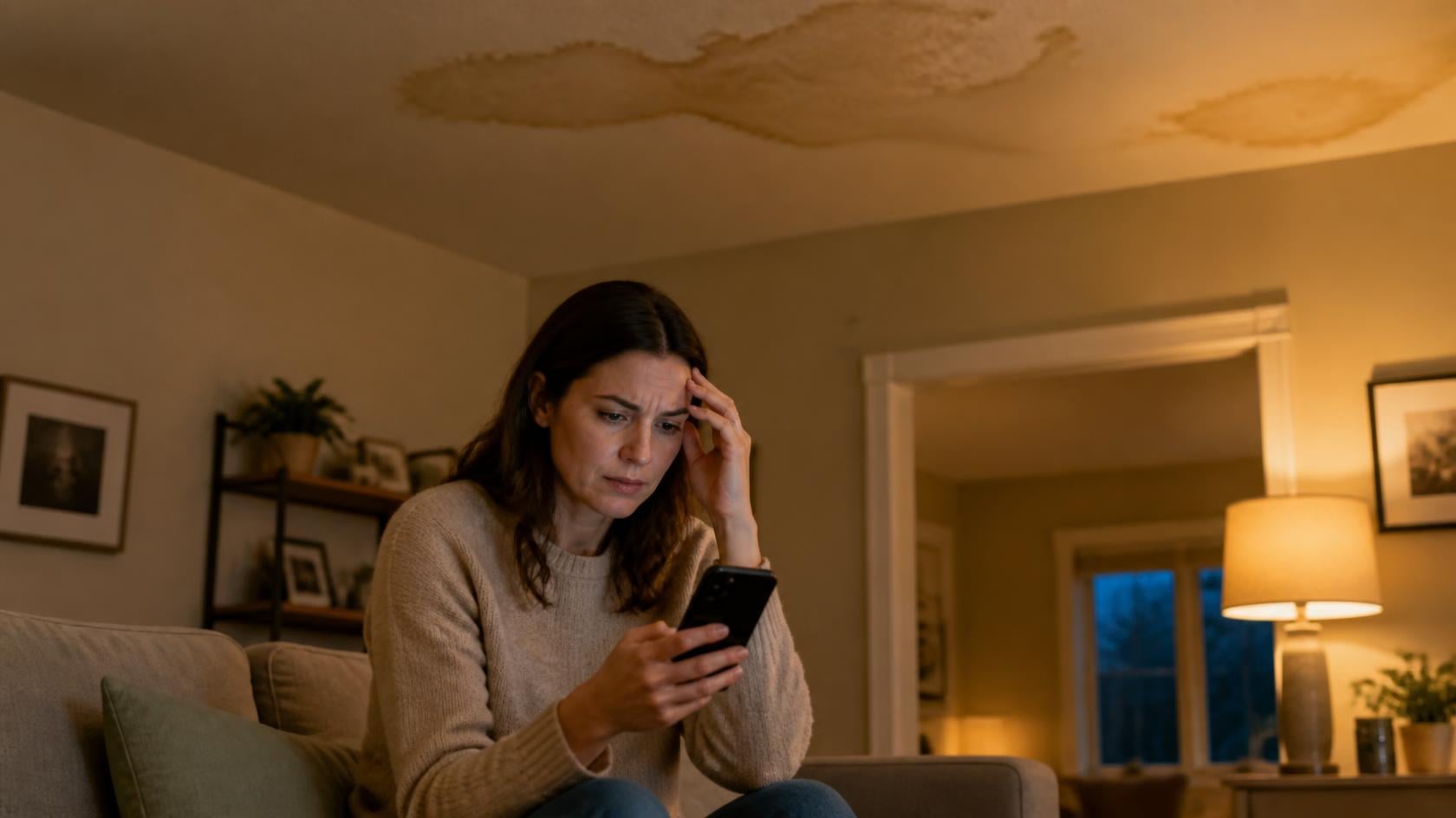 Worried homeowner searching for a roof leak repair contractor on her phone under a water-stained living room ceiling