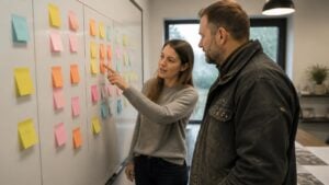 Marketing strategist and general contractor grouping service and city keywords on sticky notes at a whiteboard