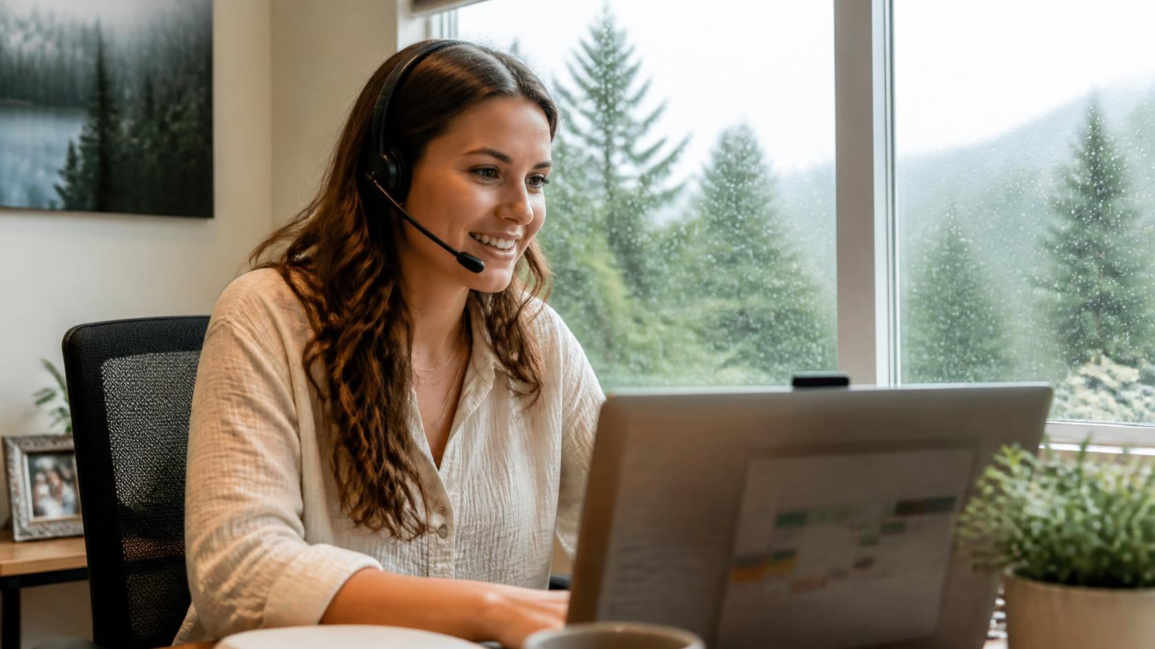 Appointment setter wearing a headset calling a new contractor lead while checking an open estimate calendar on a laptop