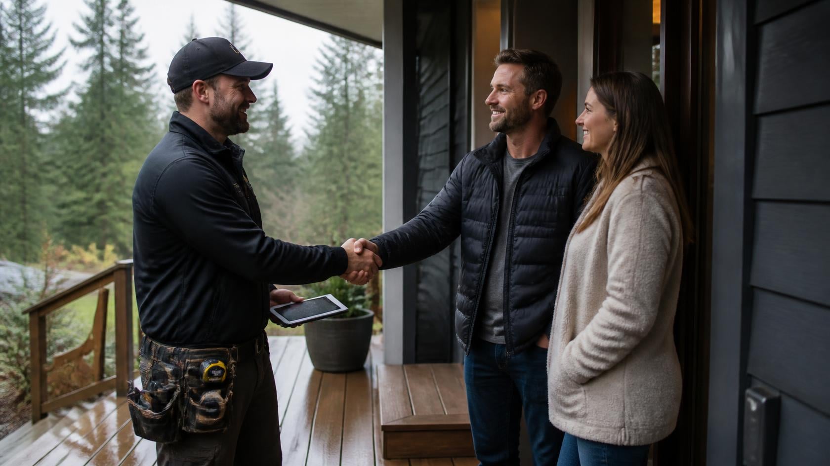 Deck contractor shaking hands with a homeowner couple on their front porch before a booked in-home estimate