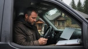 Home improvement contractor in his pickup truck checking a new lead on his phone outside a Pacific Northwest craftsman house