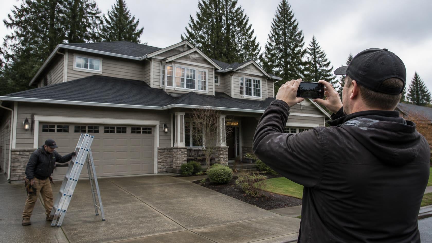 Roofing contractor photographing a finished roof replacement for his Google Business Profile while a crew member carries a ladder