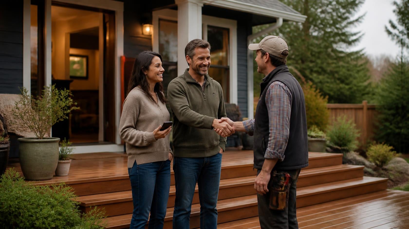 Deck builder shaking hands with a homeowner couple on their craftsman porch after finishing a cedar deck, the moment to ask for a Google review