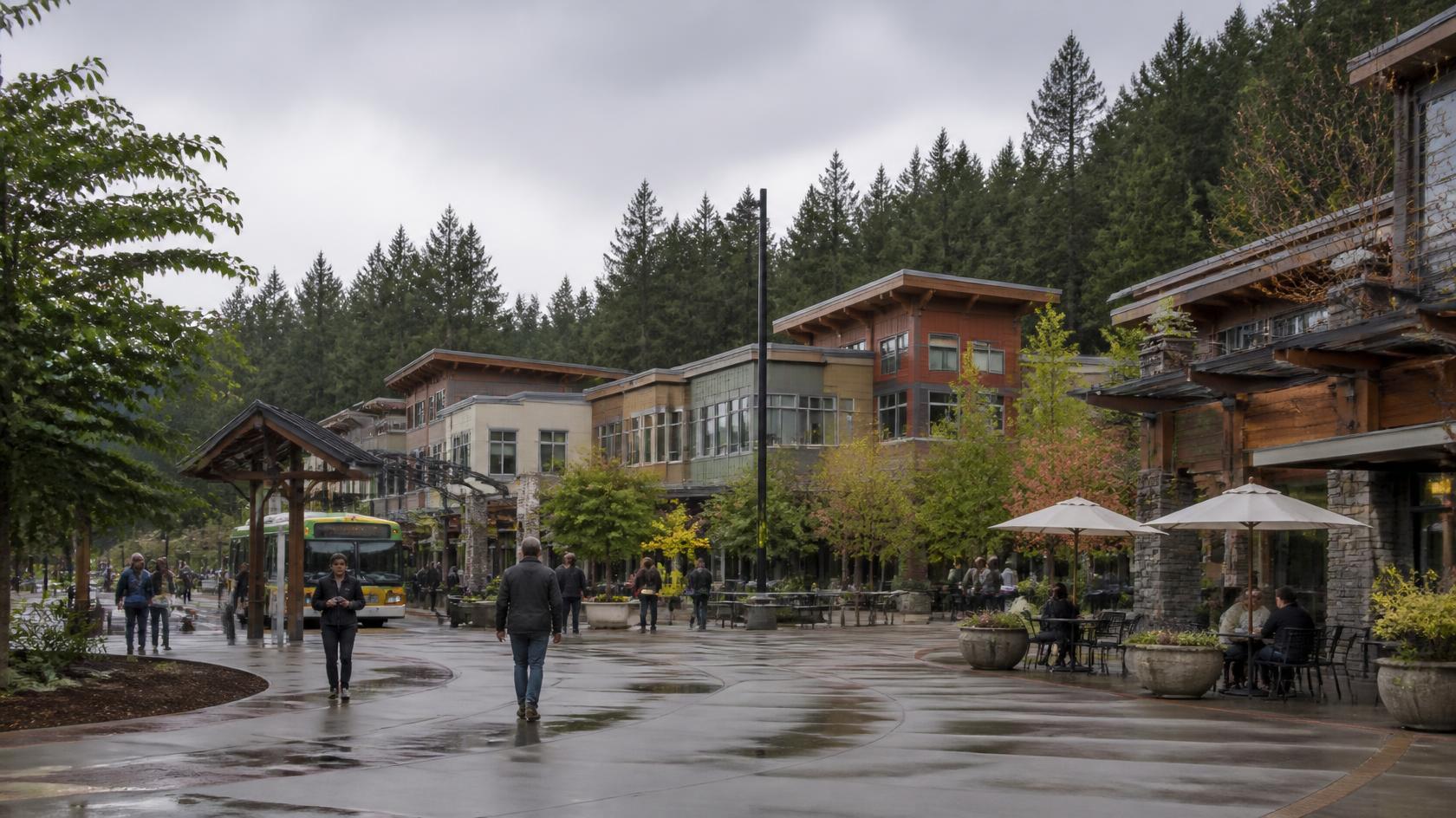 Downtown shopping plaza with local restaurants and shops in a Washington State suburb