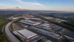 Aerial view of the Kent Valley industrial corridor in Kent, WA with warehouses and Mount Rainier in the distance