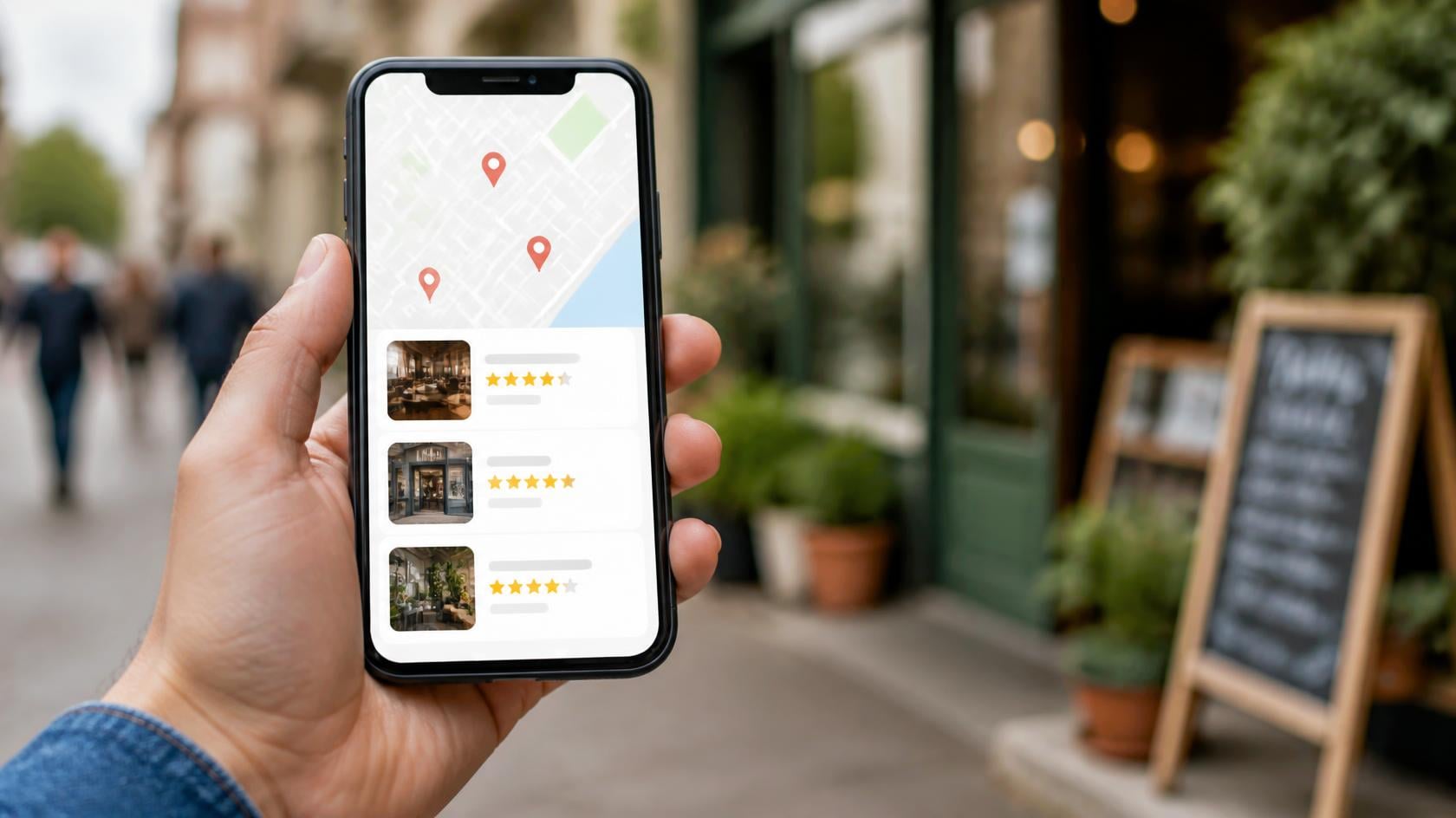 Smartphone showing Google map pack local search results with business listings and star ratings