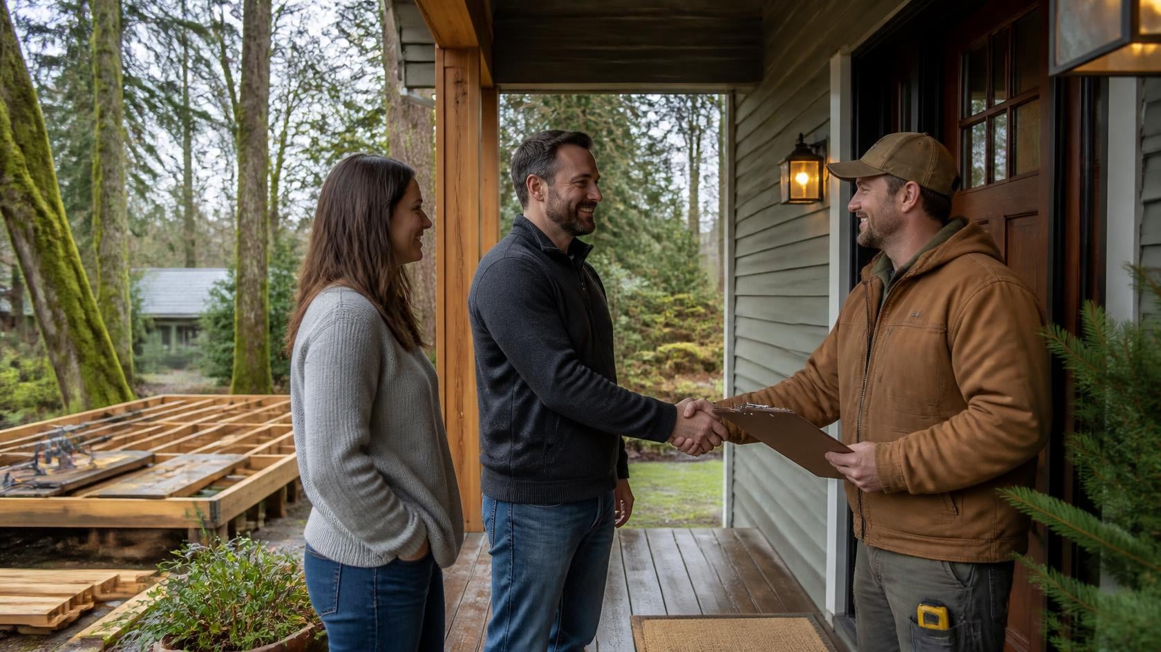 Deck builder shaking hands with a homeowner couple on their porch after a booked estimate, cedar decking stacked in the yard