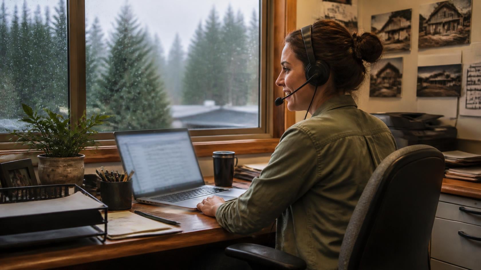 Contractor office manager wearing a headset returning a Google LSA lead call at her desk, rain and fir trees outside the window