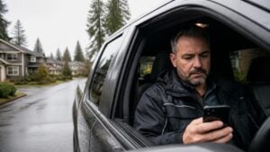 Roofing contractor in his pickup truck on a rainy residential street checking new Local Services Ads leads on his phone