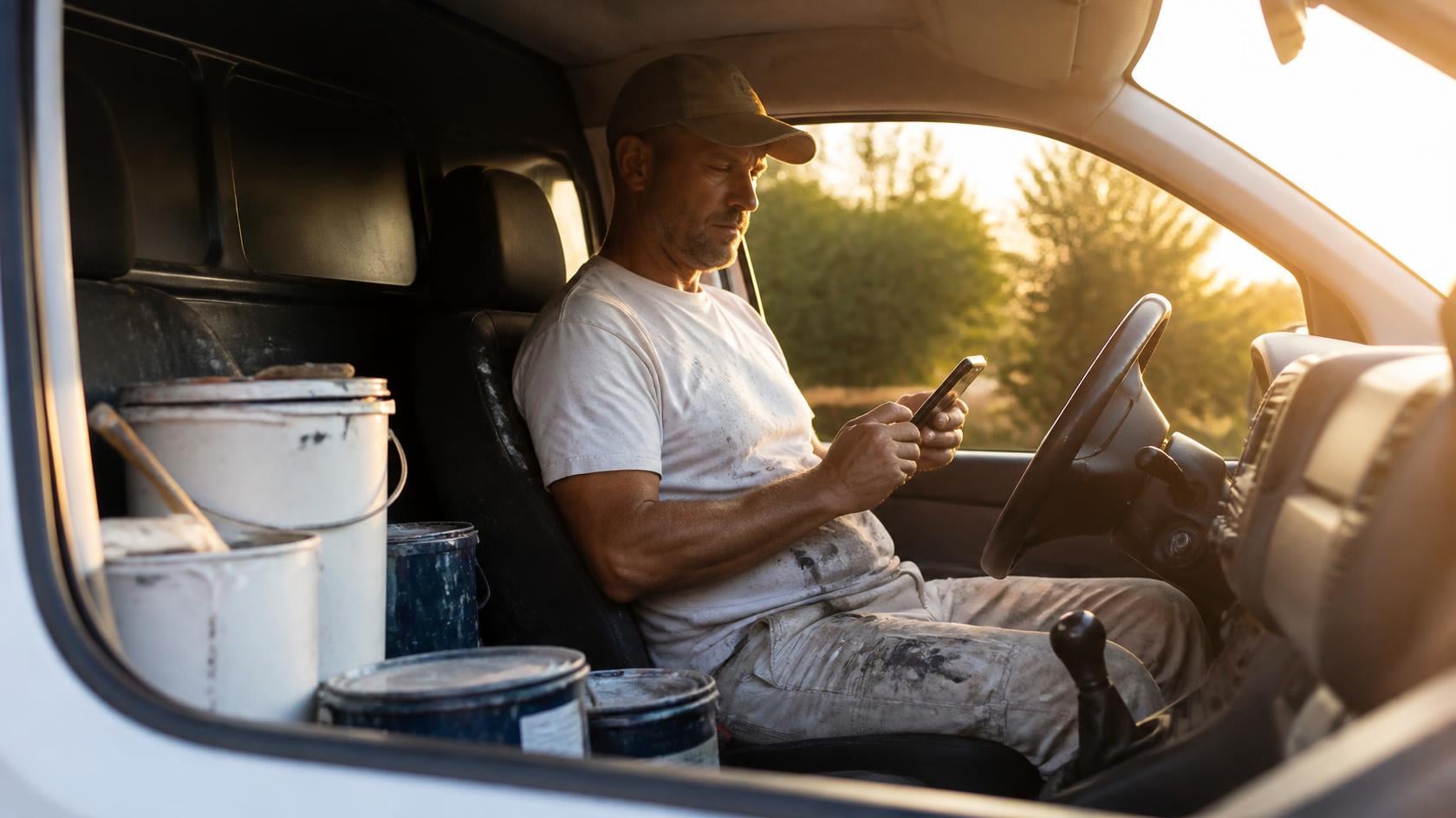 Painting contractor replying to a customer's Google review on his phone from the driver's seat of his work van
