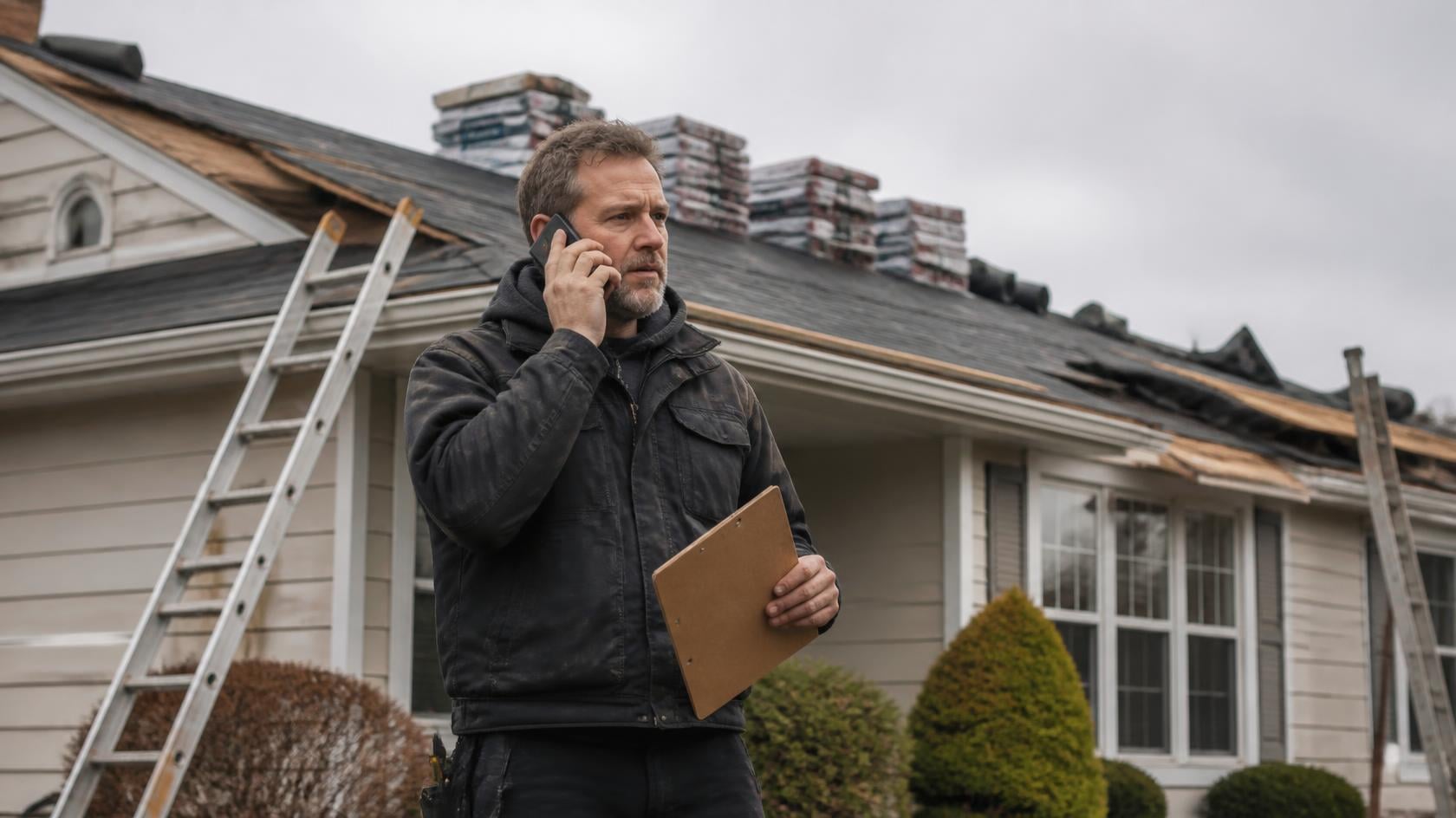 Roofing contractor answering an inbound call from a Google Ads lead beside a house mid re-roof