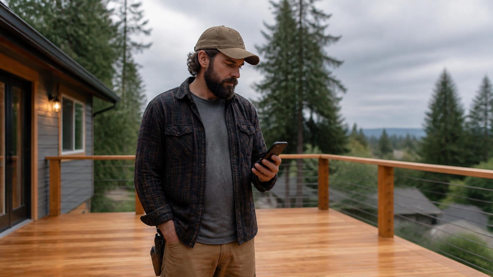 Deck builder standing on a new cedar deck checking his phone to see where his business ranks on Google