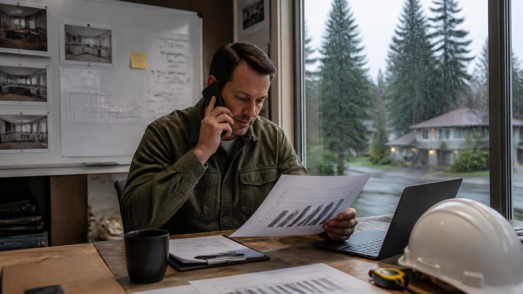Remodeling contractor on a phone call in his home office reviewing a printed monthly SEO lead report with bar charts
