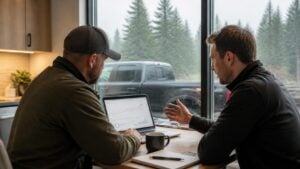Home improvement contractor meeting with an SEO consultant at a kitchen table, reviewing search ranking charts on a laptop