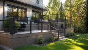 Newly built multi-level composite deck with black cable railing and stairs in a backyard