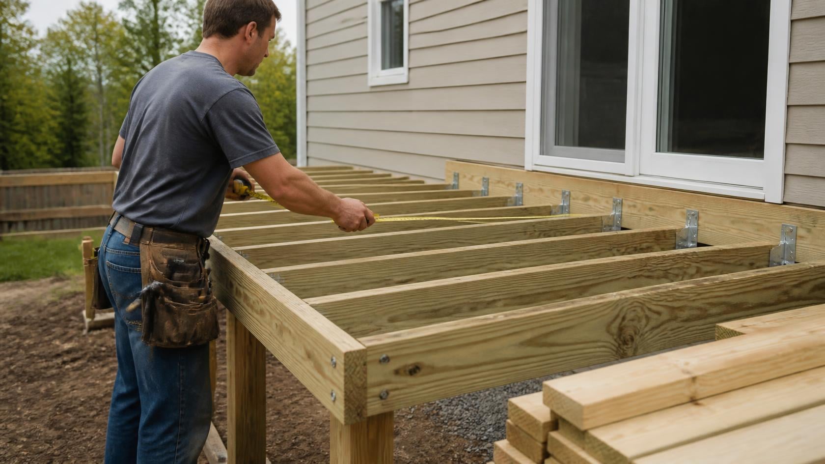 Carpenter measuring deck joists and ledger board during the framing stage of a deck build
