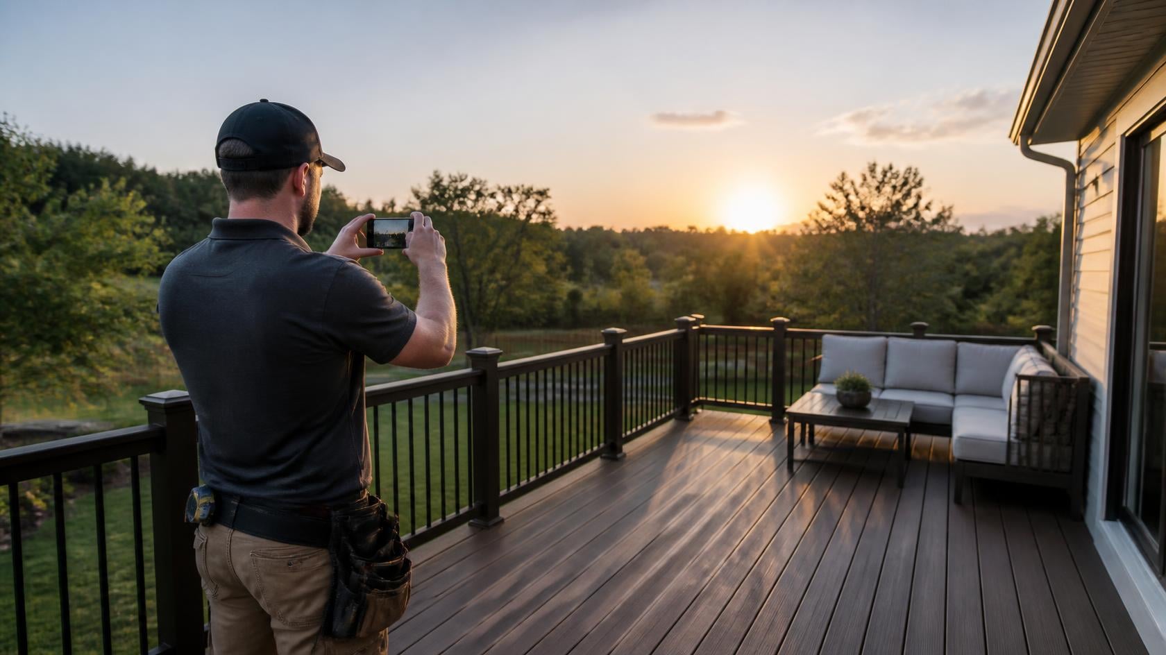 Deck builder photographing a finished composite deck with his phone for his Google Business Profile