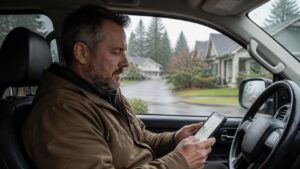 Contractor in his pickup truck checking a map of his service area on his phone on a rainy Pacific Northwest residential street