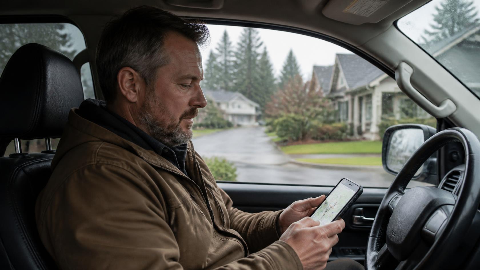 Contractor in his pickup truck checking a map of his service area on his phone on a rainy Pacific Northwest residential street